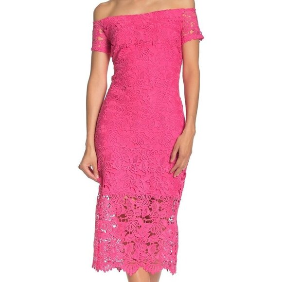 MARINA Dresses & Skirts - Pink Off the Shoulder Lace Cocktail Dress Women's Size XS Colorful Wedding Guest
